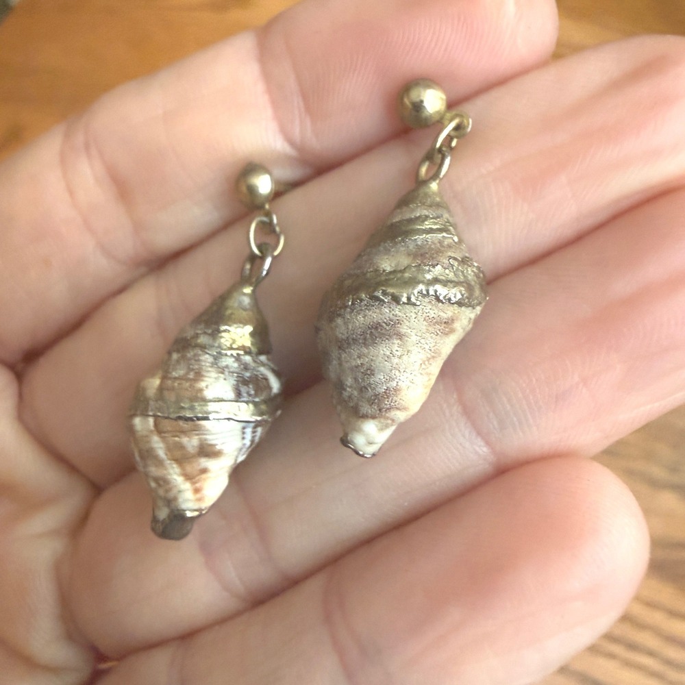 Vintage Gold Painted Natural Spiral Seashell Drop Earrings Boho Coastal Beach